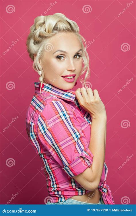 Pinup Woman Retro Model With Blonde Hair On Pink Stock Photo Image Of