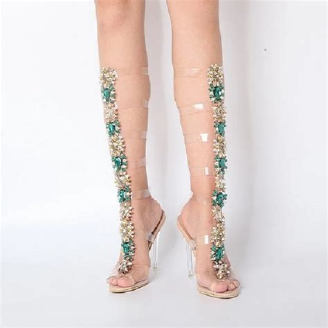 lttl women gladiator clear sandals bling bling diamonds bootie crystal high heel buckle strap
