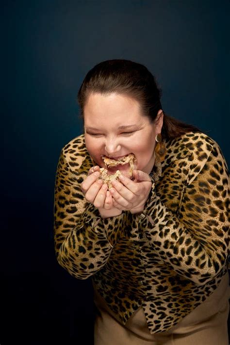 Fat Girl Can T Eat Fast Food In The Hands Of Bitten Donuts Leopard Blouse Overweight Stock