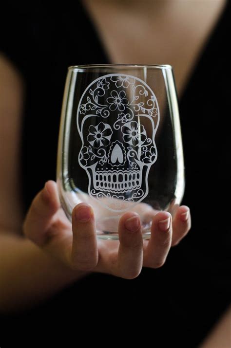 Sugar Skull Stemless Wine Glass Glass Etched Day Of The Dead Etsy Glass Etching Gifts Glass
