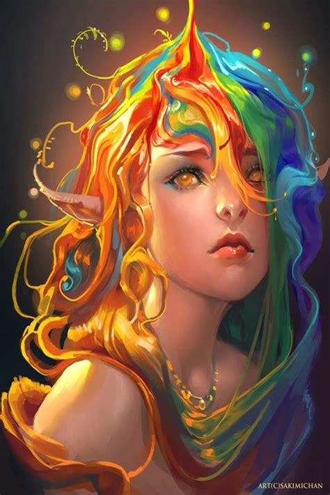 A Digital Painting Of A Womans Face With Colorful Hair And Bright