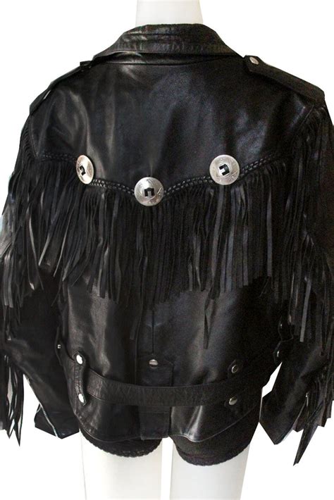 Fmc Vintage Black Leather Fringe And Conch Biker Jacket Etsy