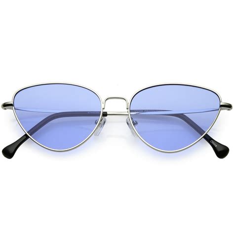 Sunglassla Womens Slim Metal Cat Eye Sunglasses Color Tinted Flat Lens 54mm Silver Blue