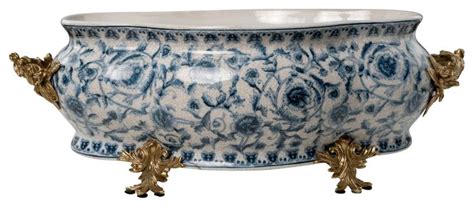 Large Blue And White Chinoiserie Porcelain Foot Bath Basin Brass