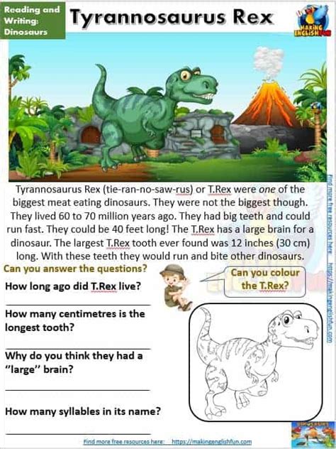 12 dinosaur reading comprehension worksheets and cards making english fun