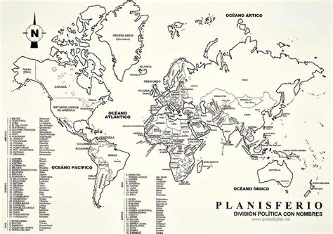 Mapa Mundial Con Nombres A Blanco Y Negro