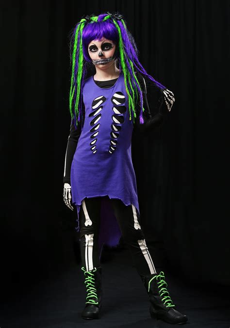 Child Purple And Green Skeleton Girl Costume