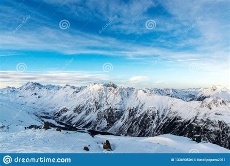 View Of The Alpine Mountains In The Morning In The Ski Resort Of Stock