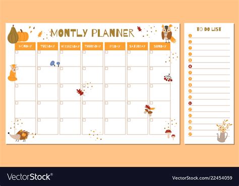 Cute Monthly Planner With Autumn Hand Drawn Vector Image