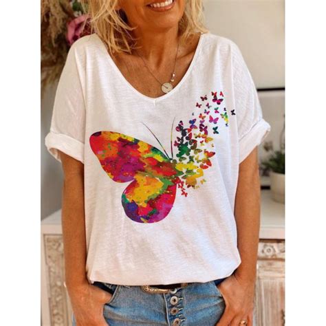 Casual V Neck Print Color Butterfly T Shirt In 2021 Butterfly T Shirt