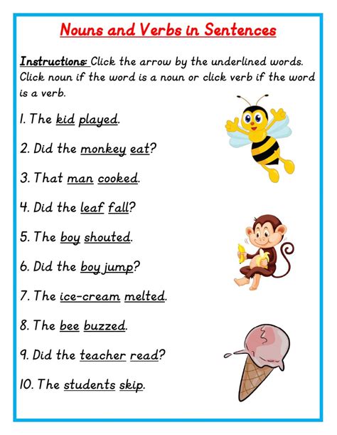 This worksheet deals with words which can have two different functions. Nouns and Verbs in Sentences worksheet