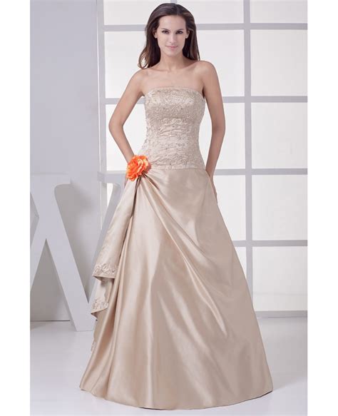 Strapless Embroidered Champagne Color Wedding Dress With