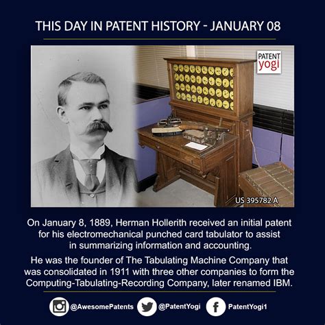 Check spelling or type a new query. This Day in Patent History - On January 8, 1889, Herman Hollerith received an initial patent for ...