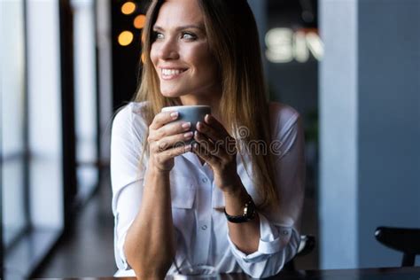 Woman Drinking Coffee In The Morning At Restaurant Stock Image Image