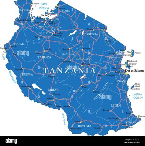 Detailed Vector Map Of Tanzania With Country Borders County Names