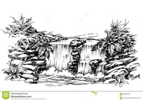 A Black And White Drawing Of A Waterfall