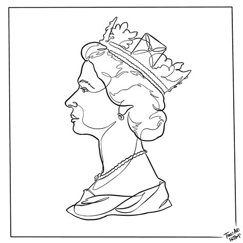 Single Line Drawing Of A Portrait Of The Queen From The Uk Postage