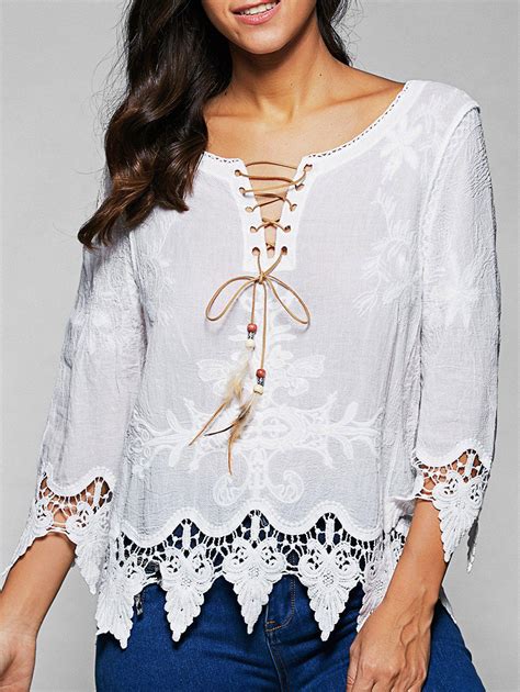 28 Off V Neck Lace Up Long Sleeve Lace Blouse Rosegal
