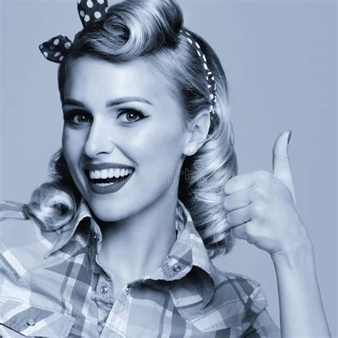 Girl Showing Thumb Up Gesture Pin Up Style Stock Photo Image Of