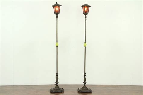 Pair Of Antique Lantern Floor Lamps Mica Shades Signed Rembrandt