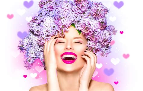 Wallpaper Girl Joy Flowers Face Laughter Hands Makeup Hearts