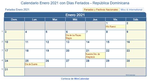 Calendario Enero 2021 Para Imprimir República Dominicana