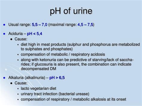 Lab results are commonly shown as a set of values known as a reference range, which is sometimes referred to as a normal the most common cause of elevated urine ph levels is an infection in the urinary tract. PPT - Abnormal composition of urine PowerPoint ...