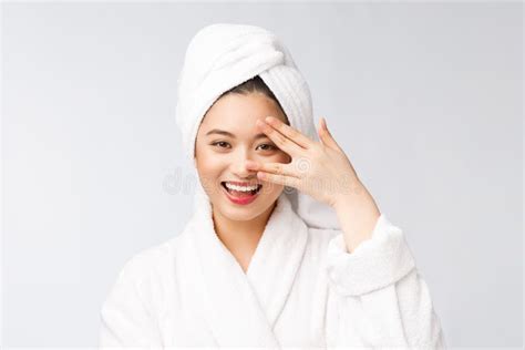 Spa Skincare Beauty Asian Woman Drying Hair With Towel On Head After