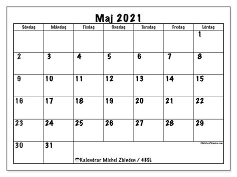 Jahreskalender für das jahr 2021 auch zum ausdrucken und einbinden in die eigene seite. Kalender "48SL" maj 2021 för att skriva ut - Michel Zbinden SV