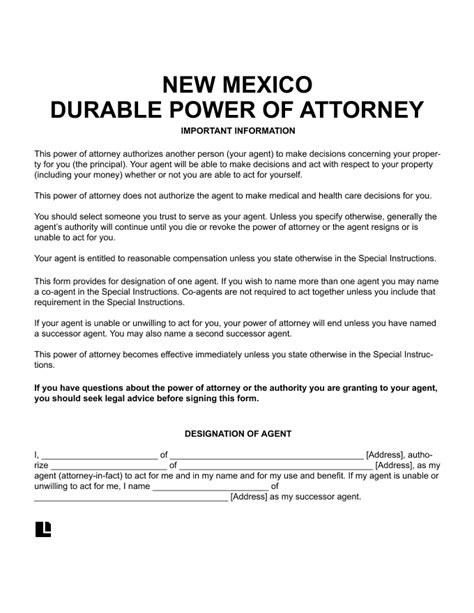 Free New Mexico Durable Statutory Power Of Attorney Form