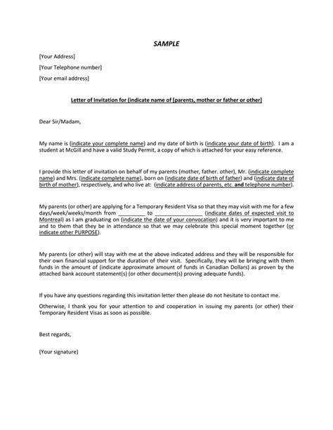 Sample Letter Of Invitation For Visitor Visa Canada