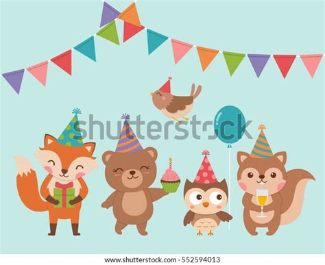 Set Cute Cartoon Woodland Animals Birthday Stok Vektör Telifsiz 552594013