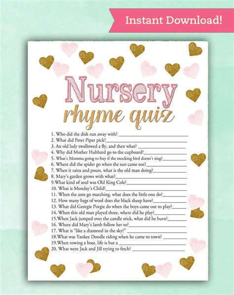 Baby Shower Game Nursery Rhyme Quiz Pink Gold Hearts Etsy Free Baby