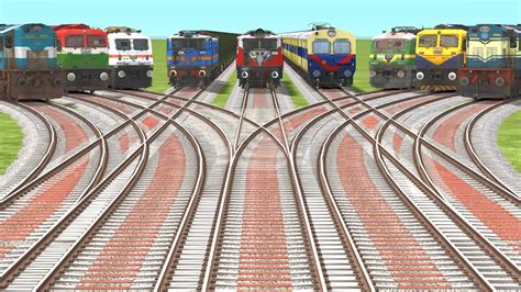 9 Trains Crossing Very Fast On Bumpy Branched Curved Railway Crossing Train Game Railroad