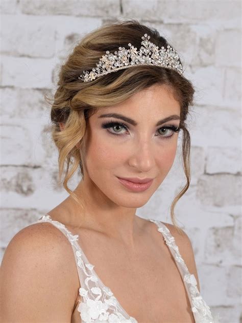 Crystal Bridal Tiara With Hand Painted Champagne Flowers Crystal
