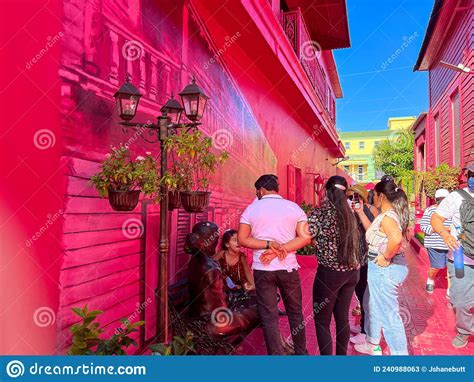 People Playing And Socializing On The Pink Street In Puerto Plata Dominican Republic Editorial
