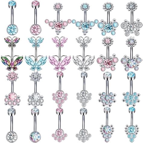 AOEDEJ 14G Blue Pink Crystal Navel Piercing Ring Stainless Steel Belly