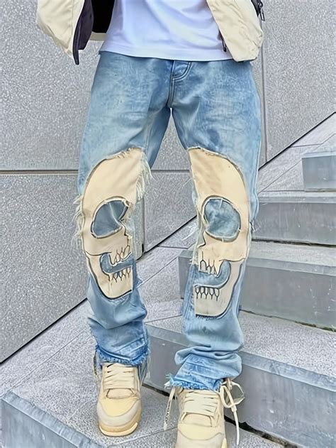 Y2k Skull Pattern Hip Hop Style Jeans Men S Halloween Casual Street