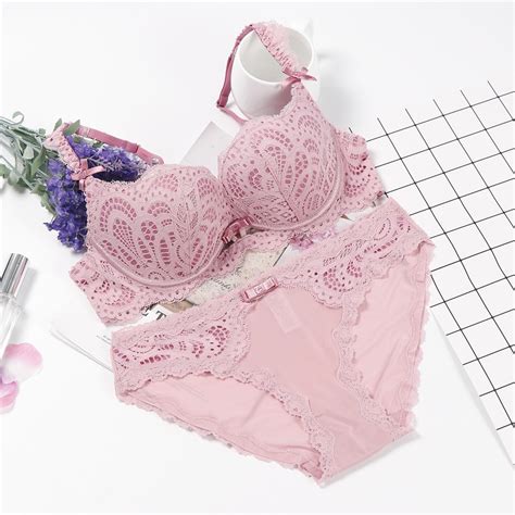 Lingerie Push Up Women Bra Set Purple Pink 3 4 Cup Lace Bra And Panty