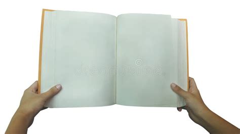 Female Hand Holding Thick Blank Book On White Background Yellow