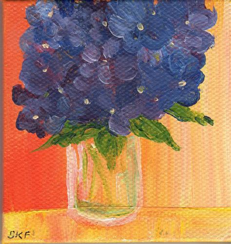 Original Hydrangeas Miniature Canvas Art Painting Purple Blue