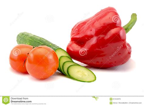 Fresh Tomatoes And Sliced Cucumber And Red Pepper On White Background