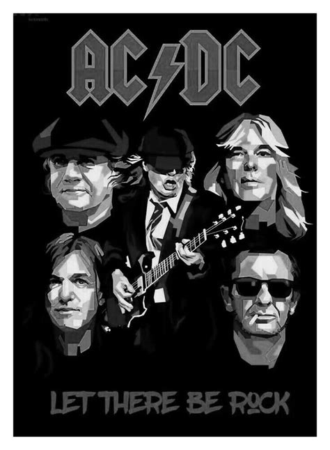 the band ac dc poster with their name in black and white on a black background