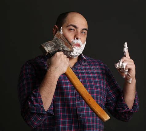 Portrait Man Shaving Big Axe Foam His Face Stock Photos Free