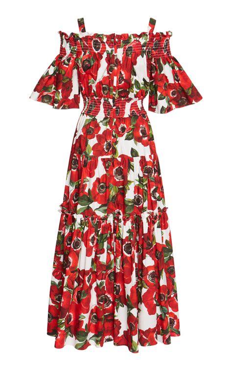 Dolce And Gabbana Floral Off The Shoulder Poplin Dress Cotton Midi