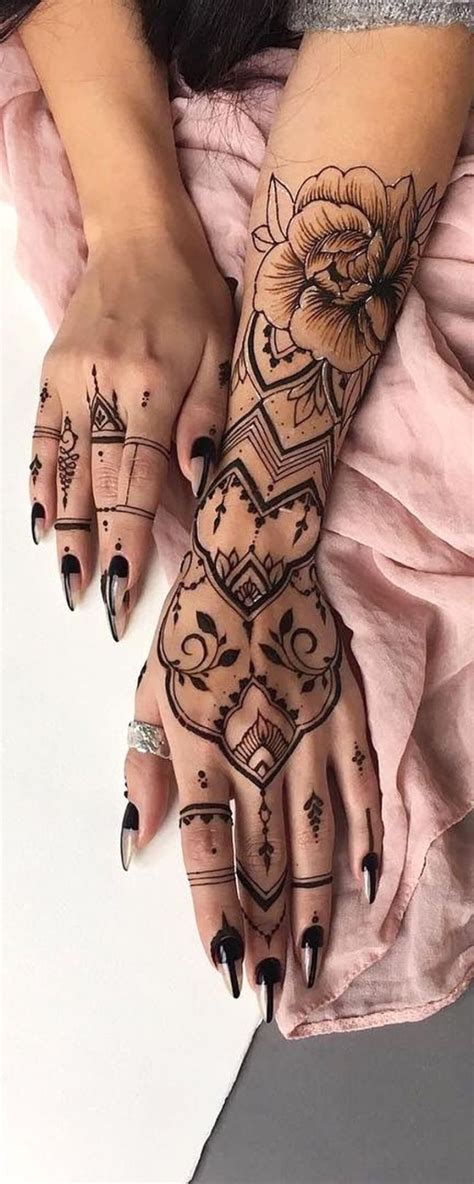 Black Henna Tribal Bohemian Hand Tattoo Ideen Für Frauen Realistische Rose Unterarm Hand