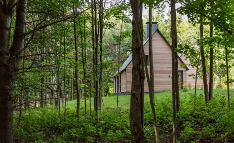 A Small Cabin In The Woods Surrounded By Trees