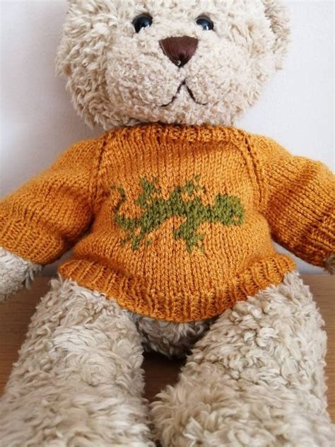 Teddy Bear Sweater Hand Knitted Gold With Green Lizard Etsy Hand Knitting Knitted Teddy