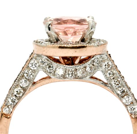 Morganite Engagement Ring Unique 1 Carat Floating Halo Rose Gold White And Brown Diamonds