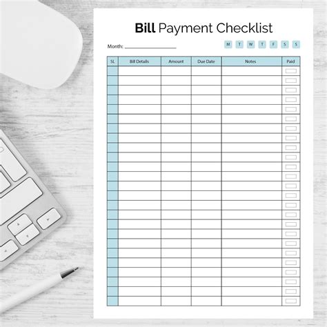 Bill Payment Checklist Printable Editable Word Doc Monthly Bill Payment